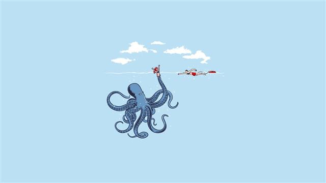 blue octopus in mid-air illustration, humor, minimalism, simple, HD wallpaper