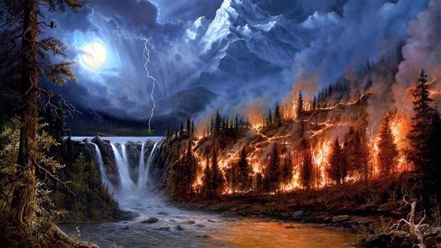 forest on fire painting, nature, landscape, digital art, mountains, HD wallpaper