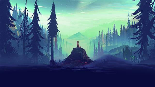 mountain and pine trees graphic, animal on brown stone surrounded by trees illustration, HD wallpaper