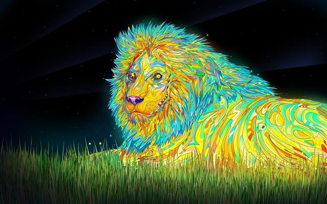 yellow and blue lion illustration, psychedelic, anime, colorful, HD wallpaper