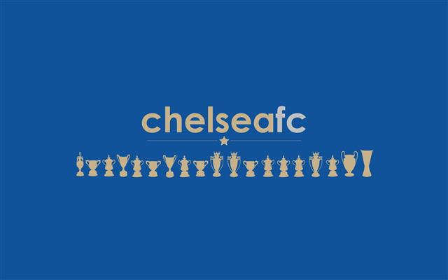 brown text overlay, Chelsea FC, blue background, soccer, digital art, HD wallpaper