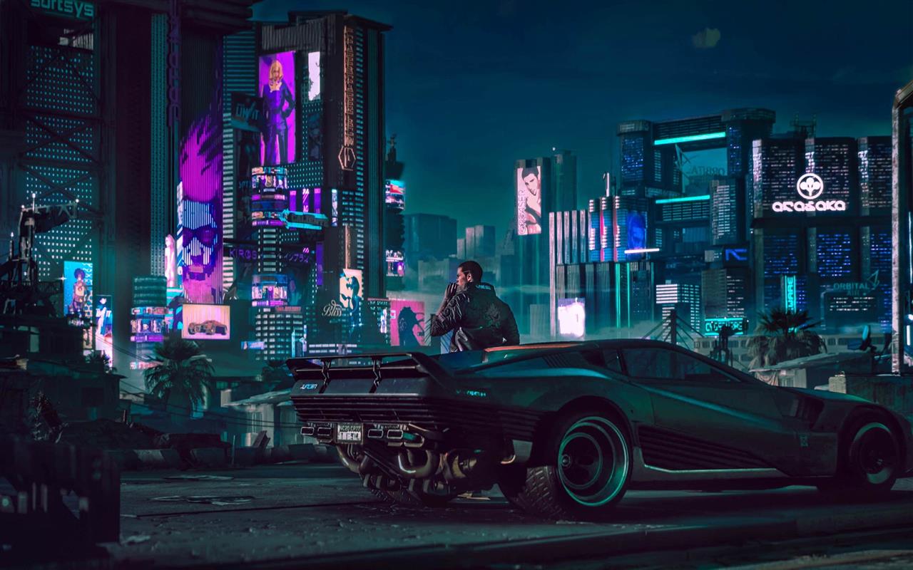 man beside car digital wallpaper, digital art, futuristic city, HD wallpaper