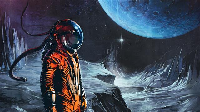 man in orange astronaut suit with moon wallpaper, man with helmet on moon painting, HD wallpaper