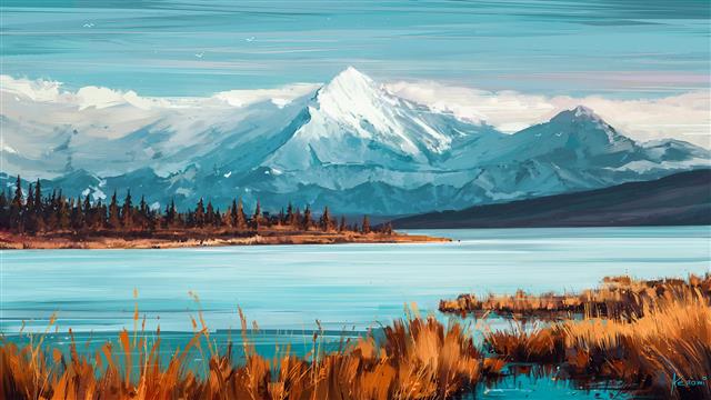 snow mountain and lake painting, body of water near snow covered mountain, HD wallpaper