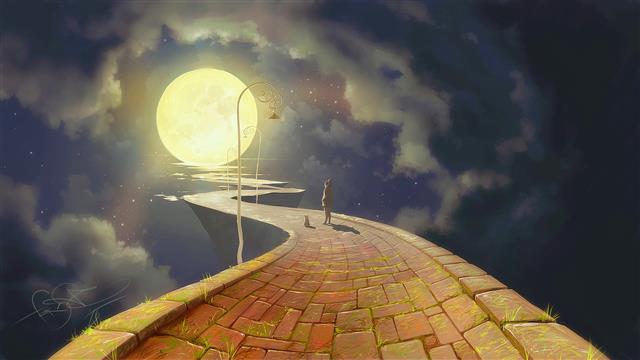brown concrete pathway and moon digital wallpaper, person walking on red concrete pathway across moon, HD wallpaper