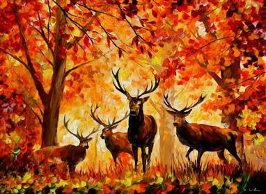 four buck surrounded trees painting, four brown deer near trees painting, HD wallpaper