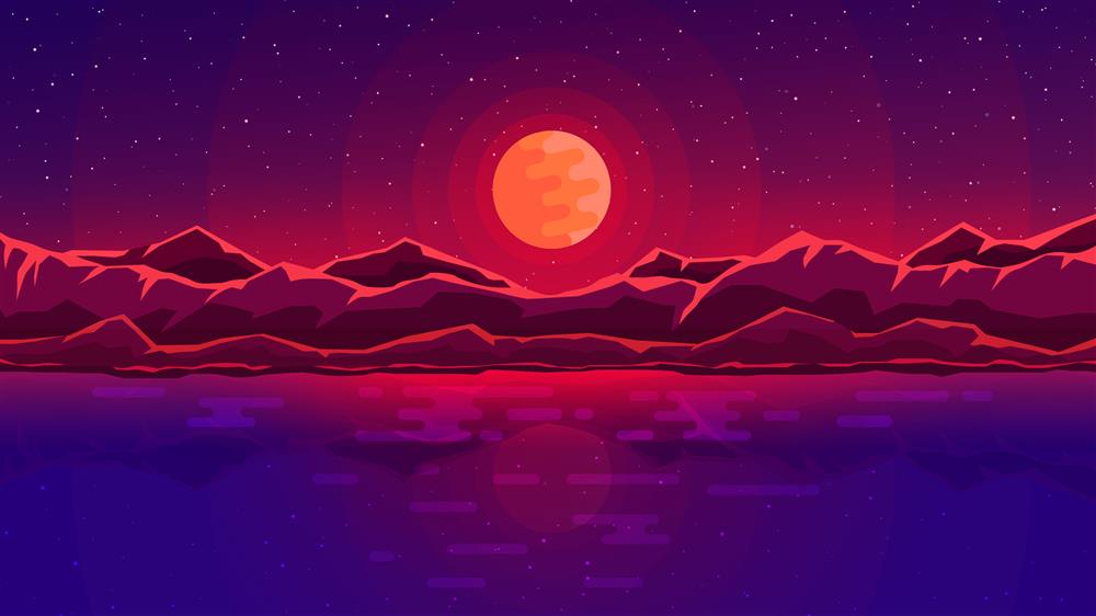 red moon with mountain wallpaper, body of water during night illustration, HD wallpaper
