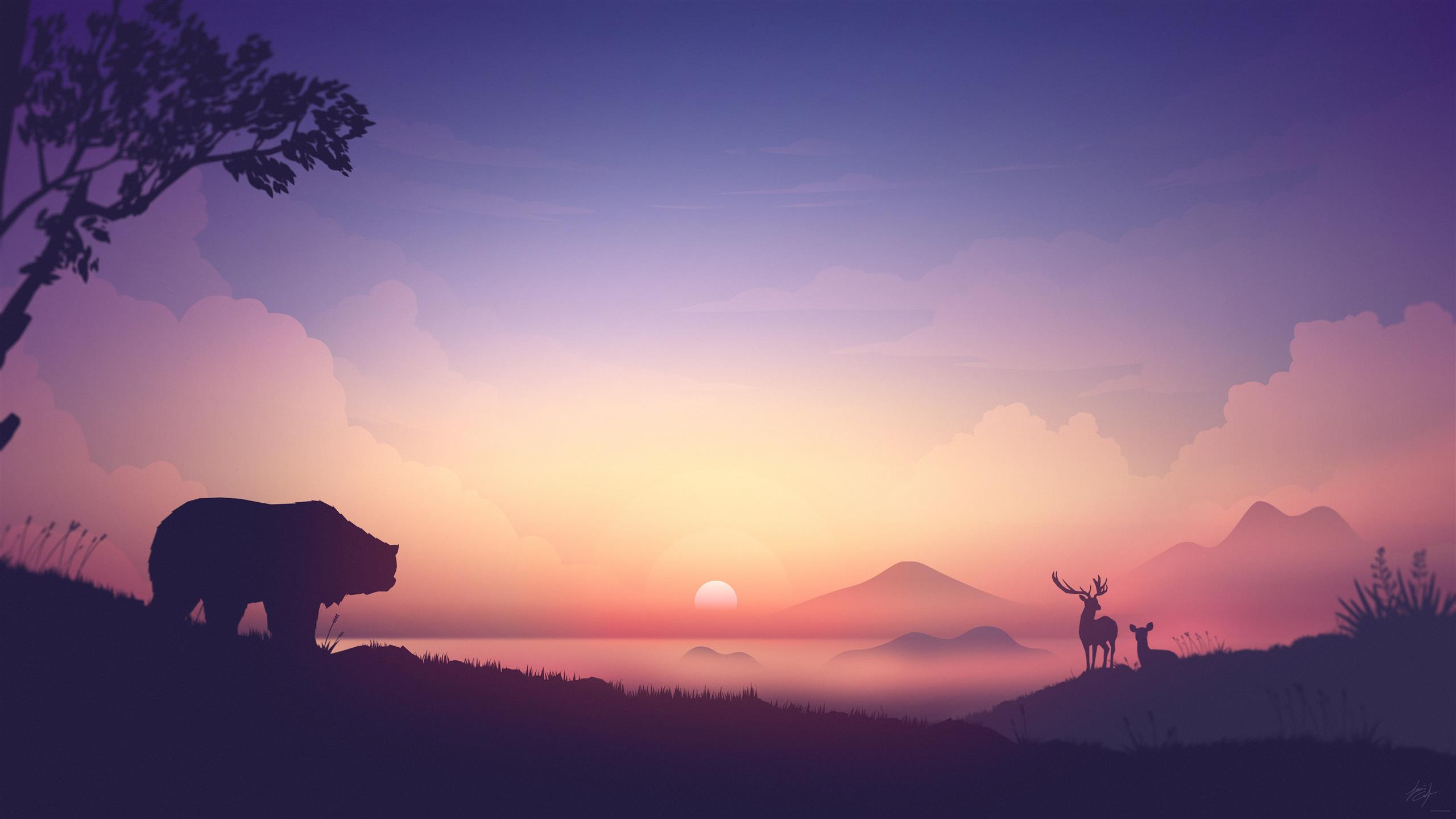 silhouette of bear illustration, silhouette photo of deer and bear under golden hour, HD wallpaper