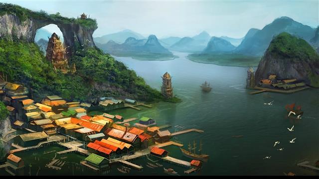 city on top of body of water near mountain digital wallpaper, HD wallpaper