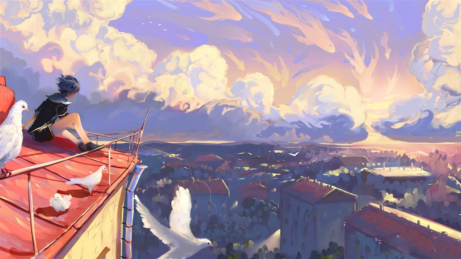 man on top of the roof painting, artwork, illustration, sunset, HD wallpaper
