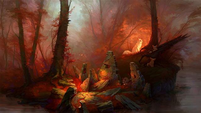 trees and wolves painting, painting of forest with rocks and fox, HD wallpaper