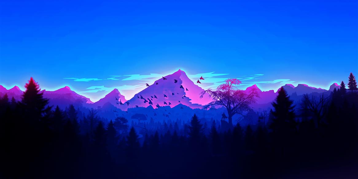 artwork, landscape, mountains, forest, minimalism, vaporwave, HD wallpaper