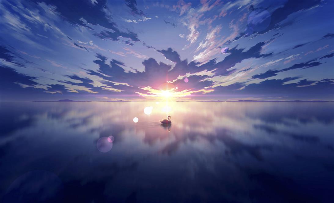 anime, anime sky, skyscape, lake, swan, reflection, shining, HD wallpaper
