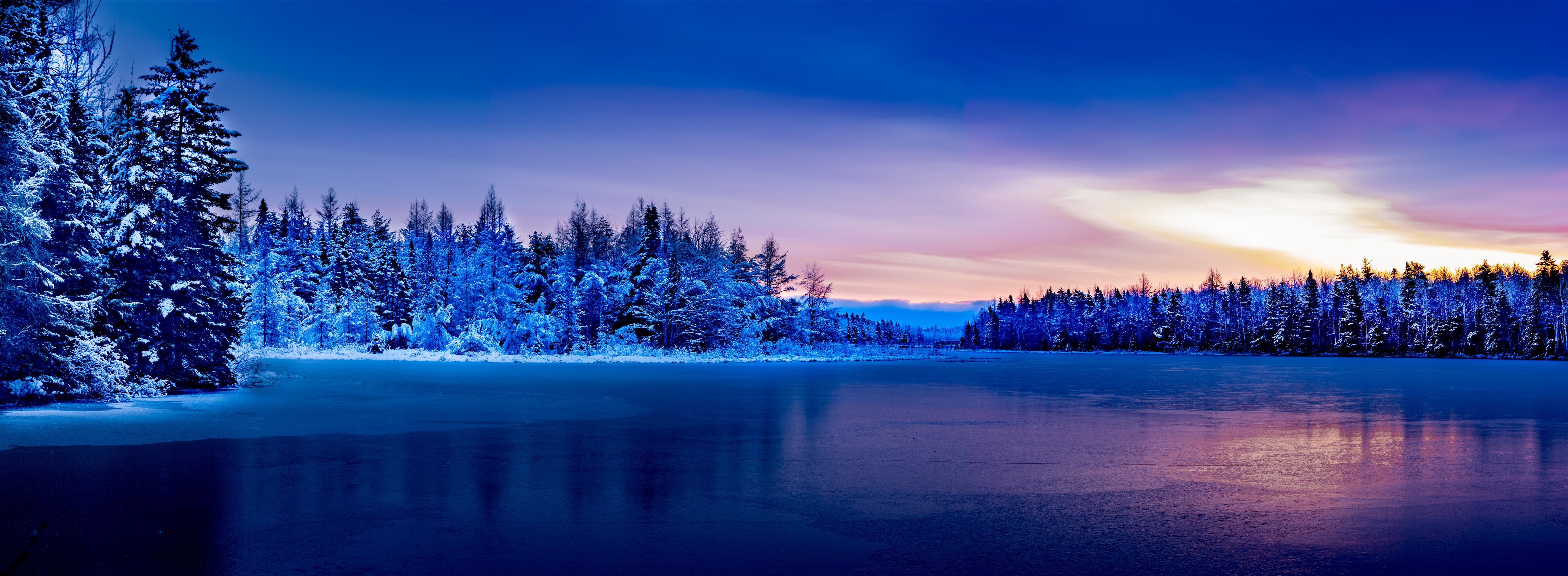 body of water surrounded by pine trees covered in snow under blue sky, irishtown, irishtown, HD wallpaper