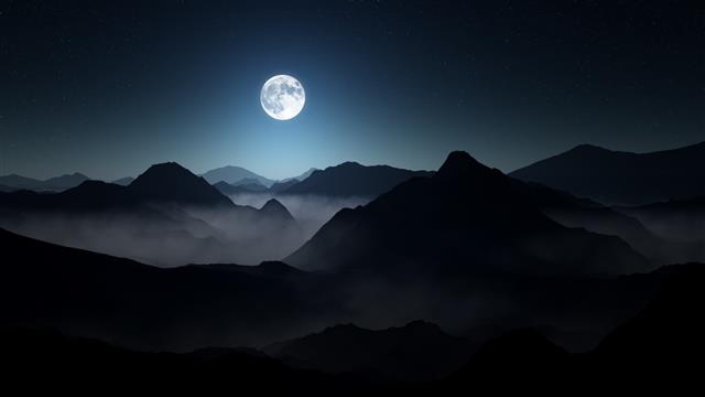 moon and mountains, nature, landscape, mist, starry night, moonlight, HD wallpaper