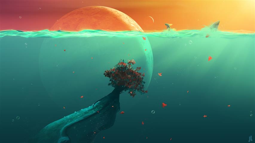 bleu body of water illustration, red tree under body of water illustration, HD wallpaper