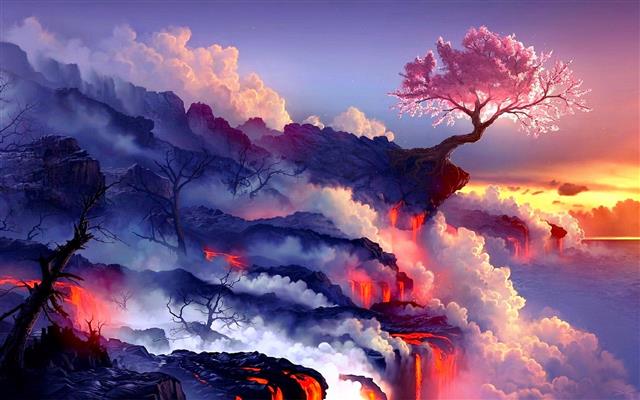 pink sakura tree wallpaper, sunset, fantasy art, lava, trees, HD wallpaper