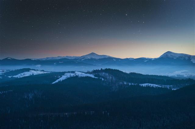 snow covered mountains, forest, sky, landscape, nature, stars, HD wallpaper