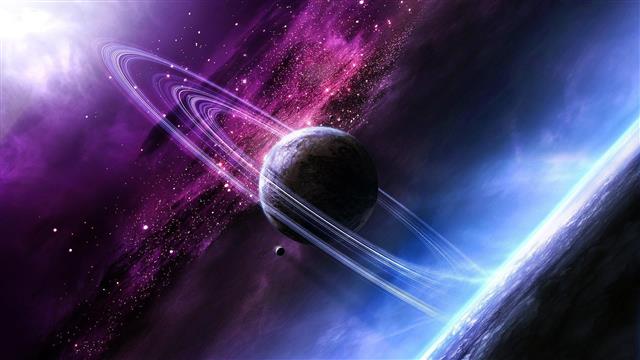 illustration of planet in galaxy, space, planetary rings, purple, HD wallpaper