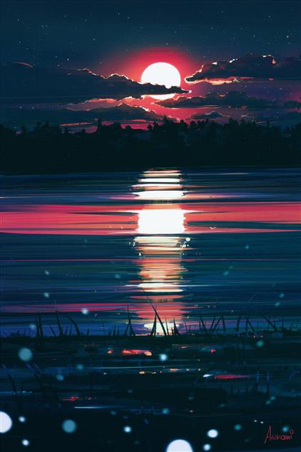 sun set digital wallpaper, sunset, illustration, water, night, HD wallpaper