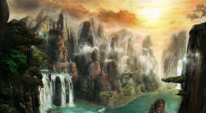 waterfall between mountain painting, digital art, fantasy art, HD wallpaper