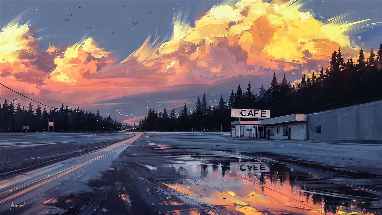road, sunset, figure, art, Horizon, landscape, cafe, Aenami, HD wallpaper