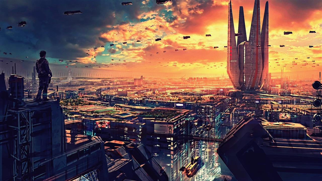 person standing on top of building wallpaper, artwork, futuristic city, HD wallpaper