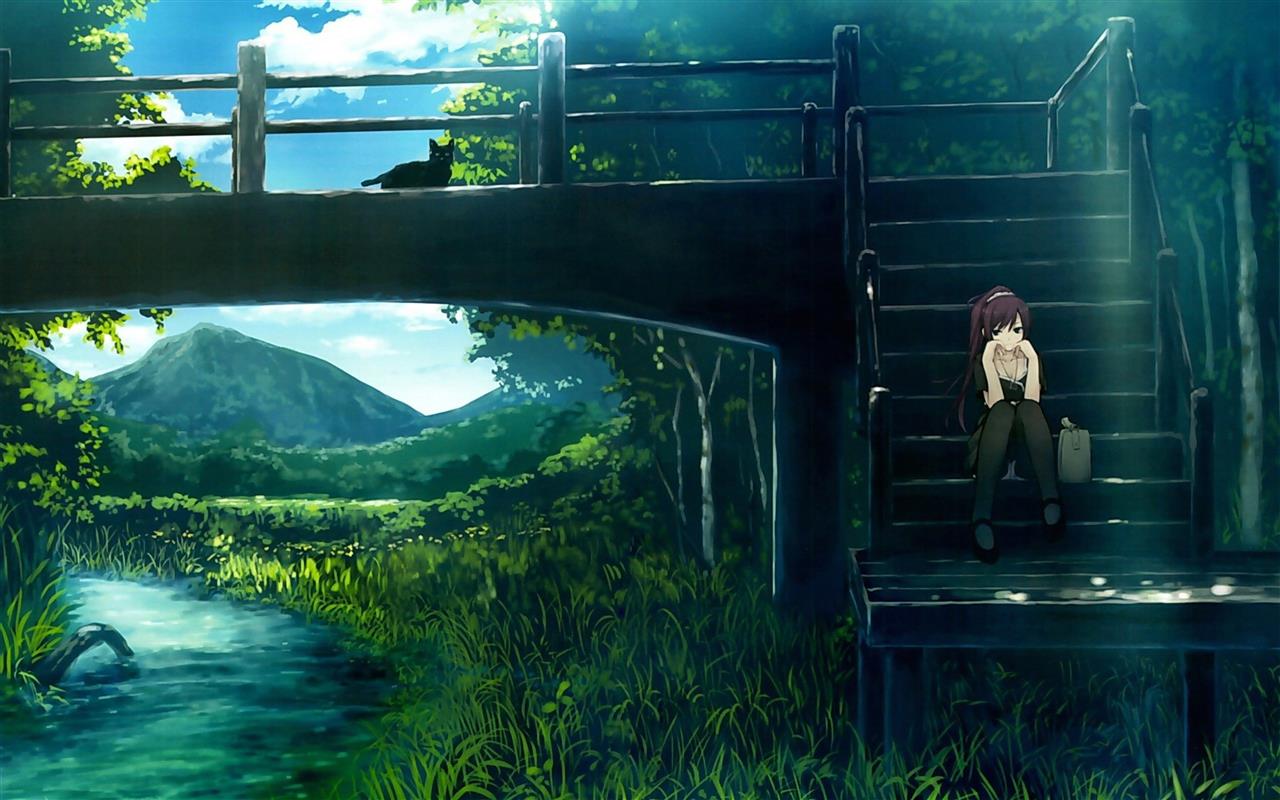 brown haired female anime character, landscape, Senjougahara Hitagi, HD wallpaper