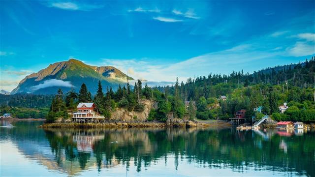 Alaska, mountain, forest, trees, village, lake, water reflection, HD wallpaper