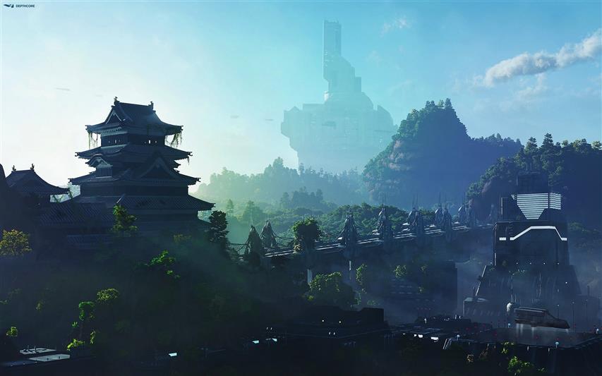futuristic temple and forest landmark, video game screenshot, HD wallpaper