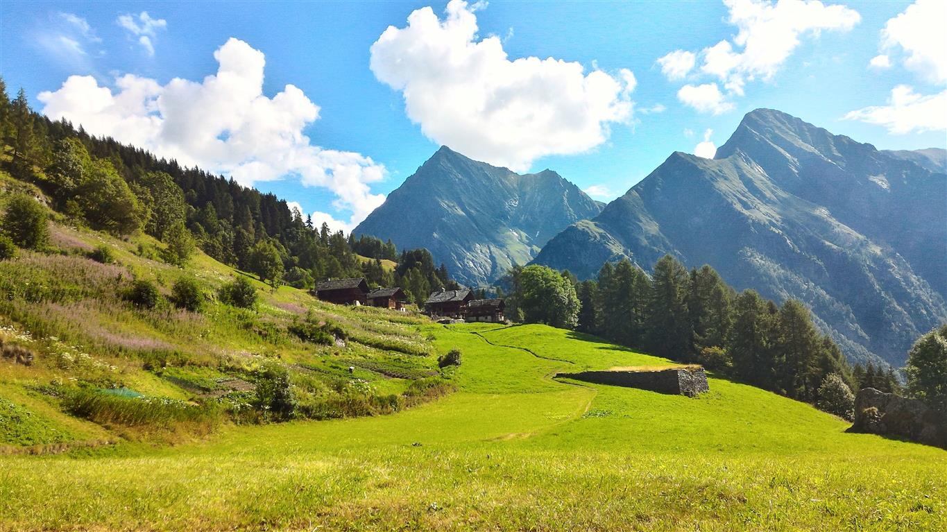 green grass field near mountains under blue sky during daytime, HD wallpaper