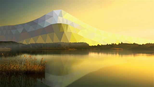 pixelated mountain, landscape, lake, sunlight, low poly, mountains, HD wallpaper