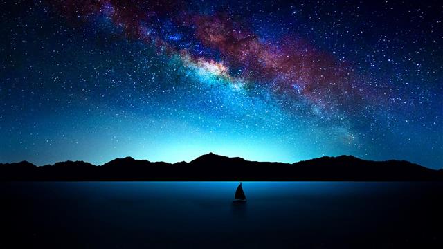 silhouette of boat illustration, night, starry, stars, milky way, HD wallpaper