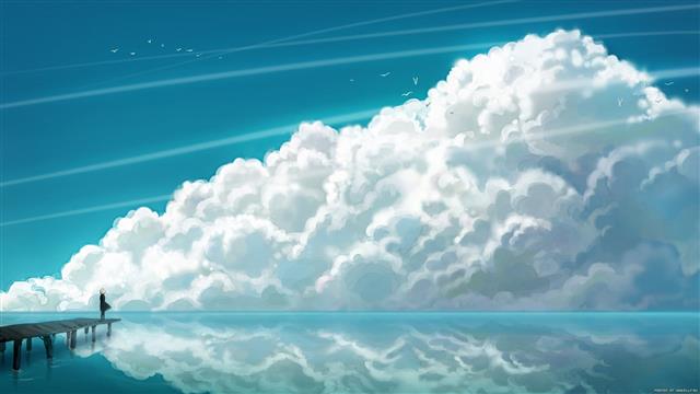 white clouds, anime, landscape, artwork, illustration, sky, cyan, HD wallpaper