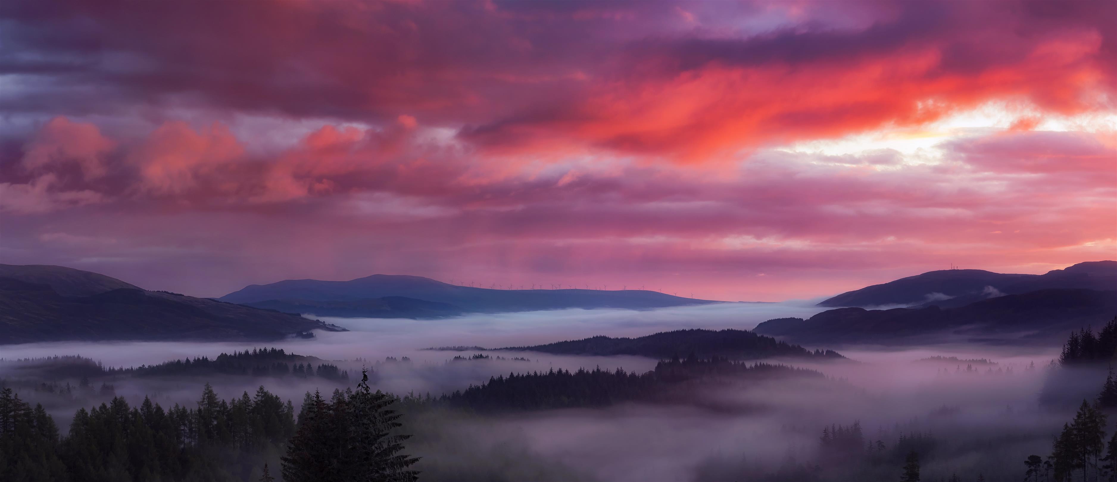 Foggy forest during sunset, Breaking Dawn, Trossachs, Scotland, HD wallpaper