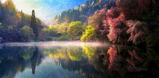 Nature, Spring, Sunrise, Mist, Lake, Reflection, Forest, Landscape, Water, South Korea, green mountain along with the body of water, HD wallpaper