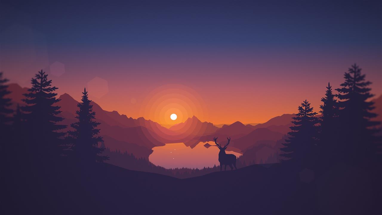 sunset drawing animals lake landscape deer artwork silhouette nature digital art trees pine trees hills clear sky vector warm colors firewatch video games, HD wallpaper