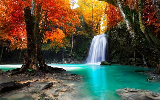 waterfalls surrounded by trees, waterfalls painting, colorful, HD wallpaper