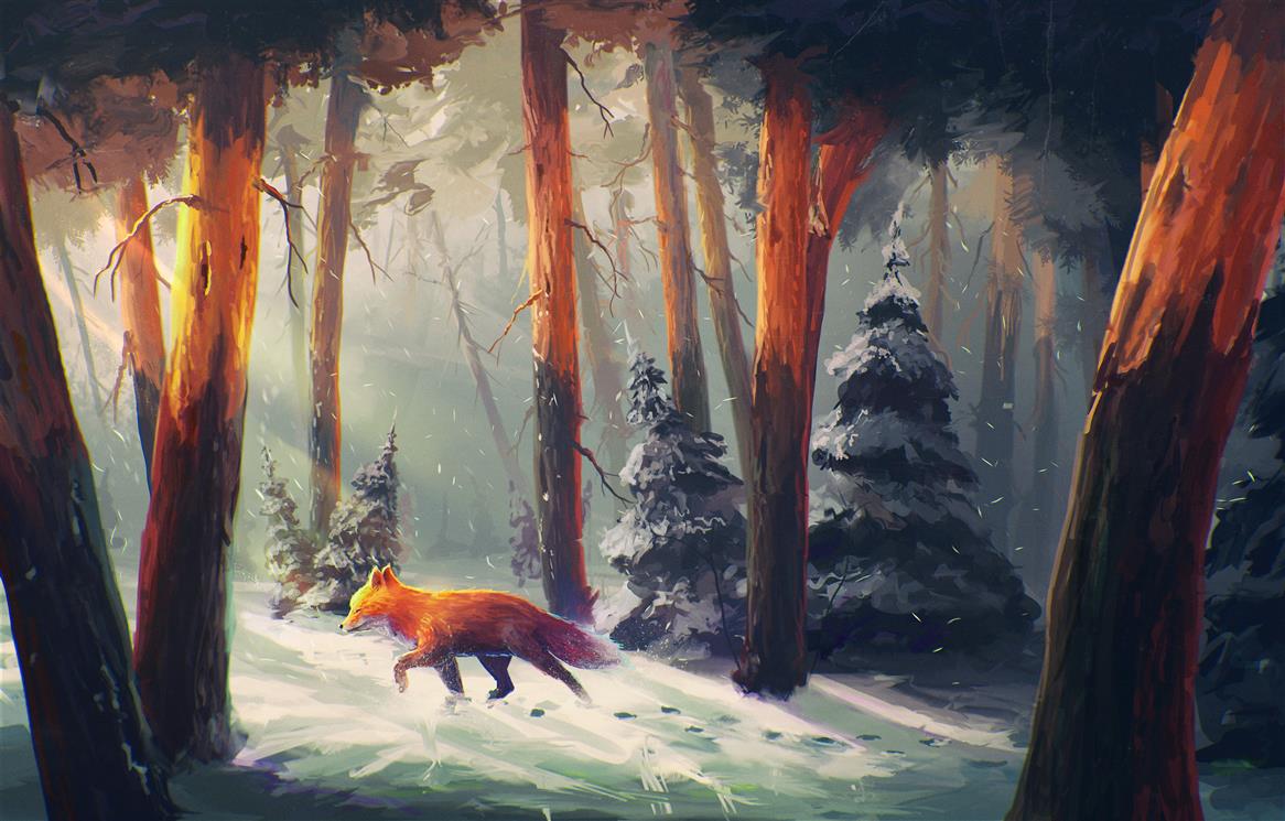 nature, fox, digital art, forest, animals, Sylar, artwork, sunlight, HD wallpaper