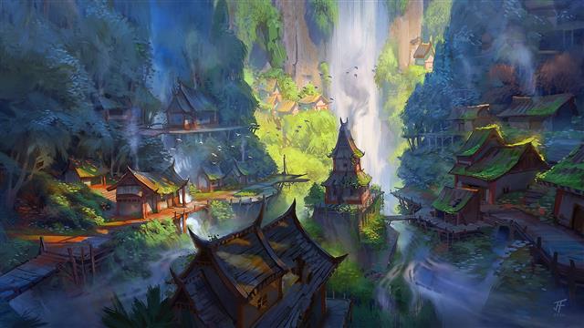 fantasy, forest, river, trees, landscape, water, rocks, houses, HD wallpaper