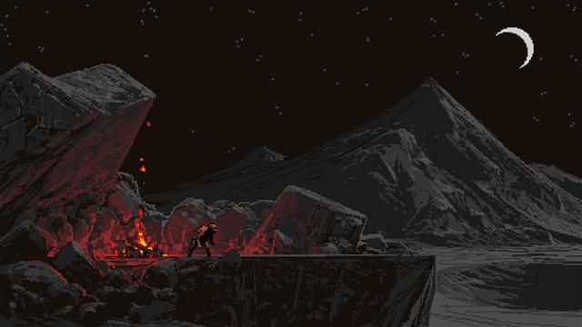 camp fire wallpaper, black rocky mountain, pixel art, Moon, The Sin of Man, HD wallpaper