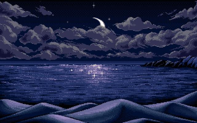 sea wallpaper, digital art, pixel art, pixels, Moon, horizon, HD wallpaper