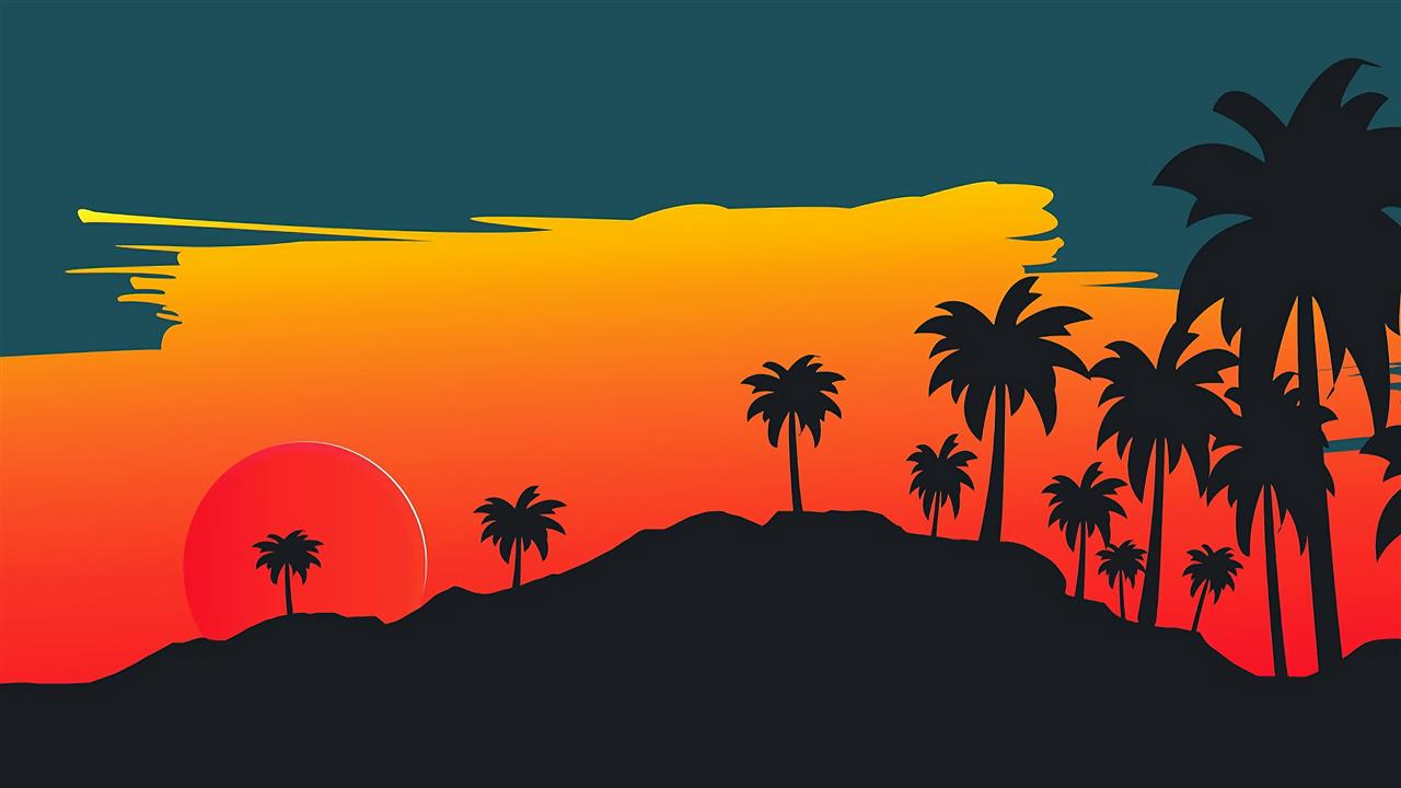 sky, orange, silhouette, palms, sunset, tree, minimal, illustration, HD wallpaper