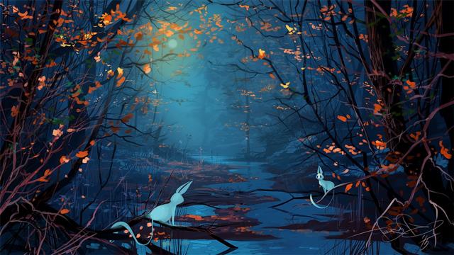 forest illustration, digital photo of white animals on trees over body of water, HD wallpaper