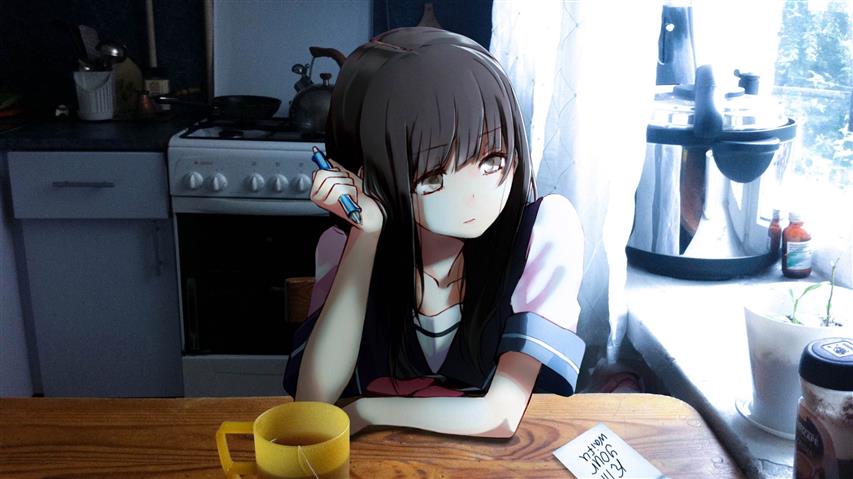 black-haired female anime character wallpaper, anime girls, kitchen, HD wallpaper