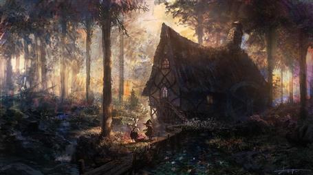 House, Forest, River, Trees, Artwork, Fantasy Art, Cabin, man, woman and wooden house painting, HD wallpaper