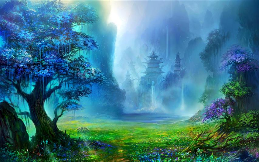 castle painting, fantasy art, pagoda, Asian architecture, trees, HD wallpaper