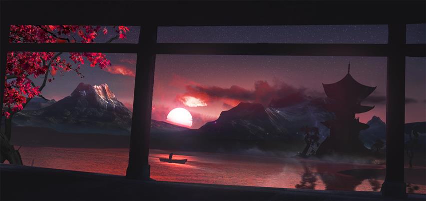 digital art, drawing, sunset, mountains, boat, lake, cherry blossom, HD wallpaper