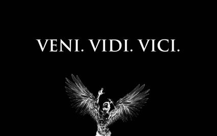 man with wings illustration with veni vidi vici text overlay, HD wallpaper