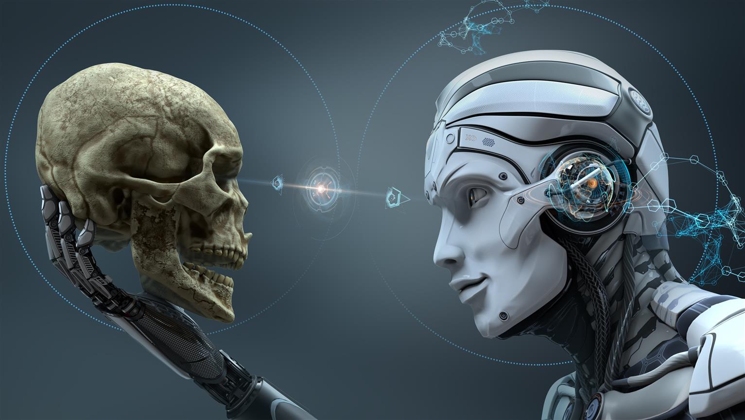 robot and skull illustration, digital art, machine, representation, HD wallpaper